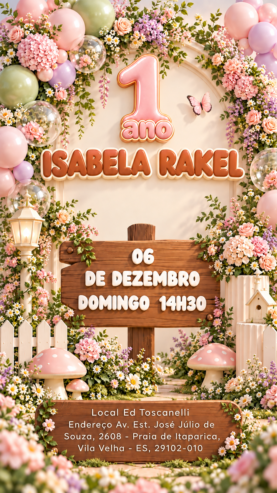 Isabela Rakel, 1 ano. 06 de dezembro, domingo, às 14h30. Edifício Toscanelli, Av. Est. José Júlio de Souza, 2608, Praia de Itaparica, Vila Velha, ES.