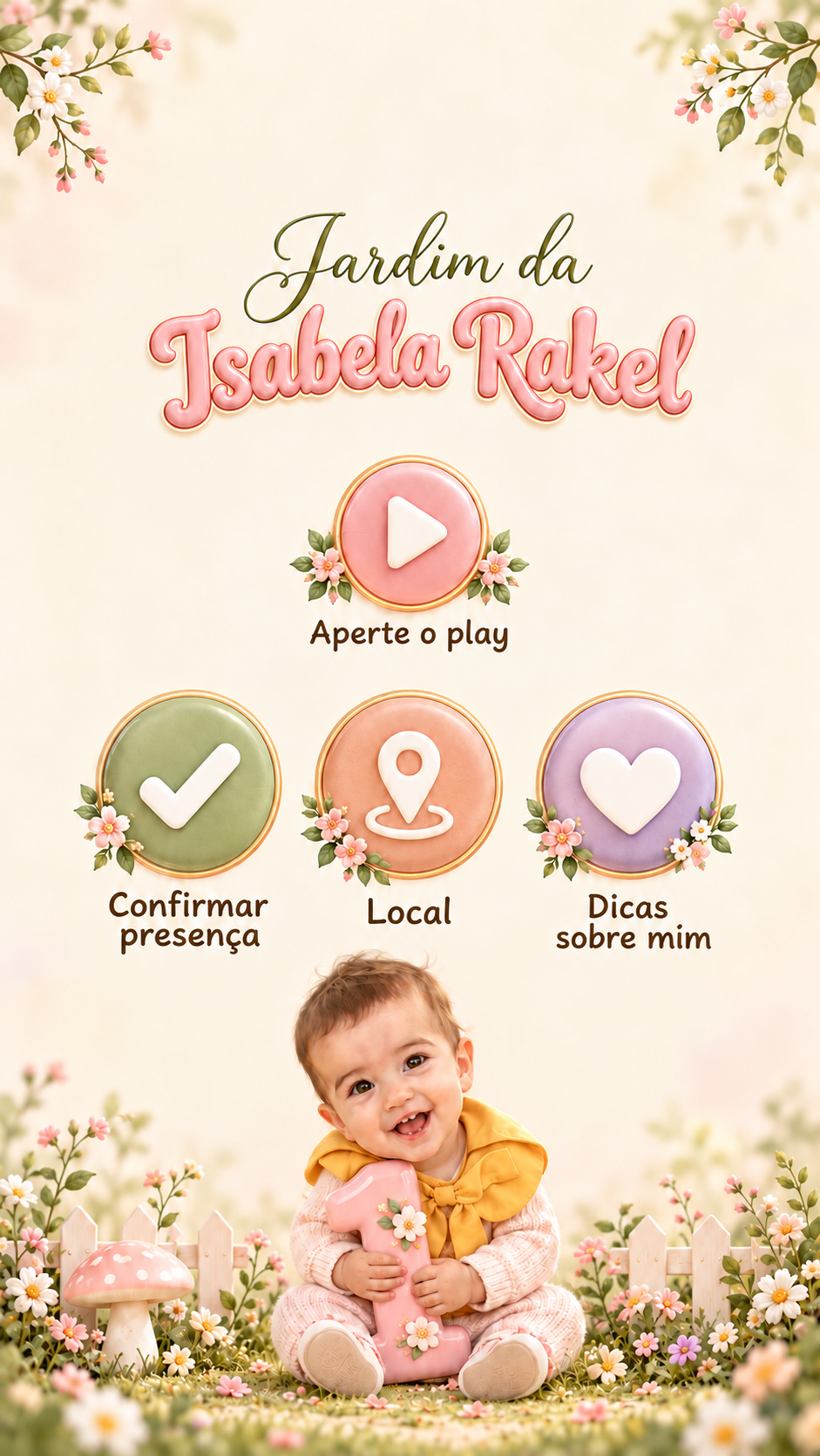Jardim da Isabela Rakel. Isabela sentada no jardim abraçando o número 1.